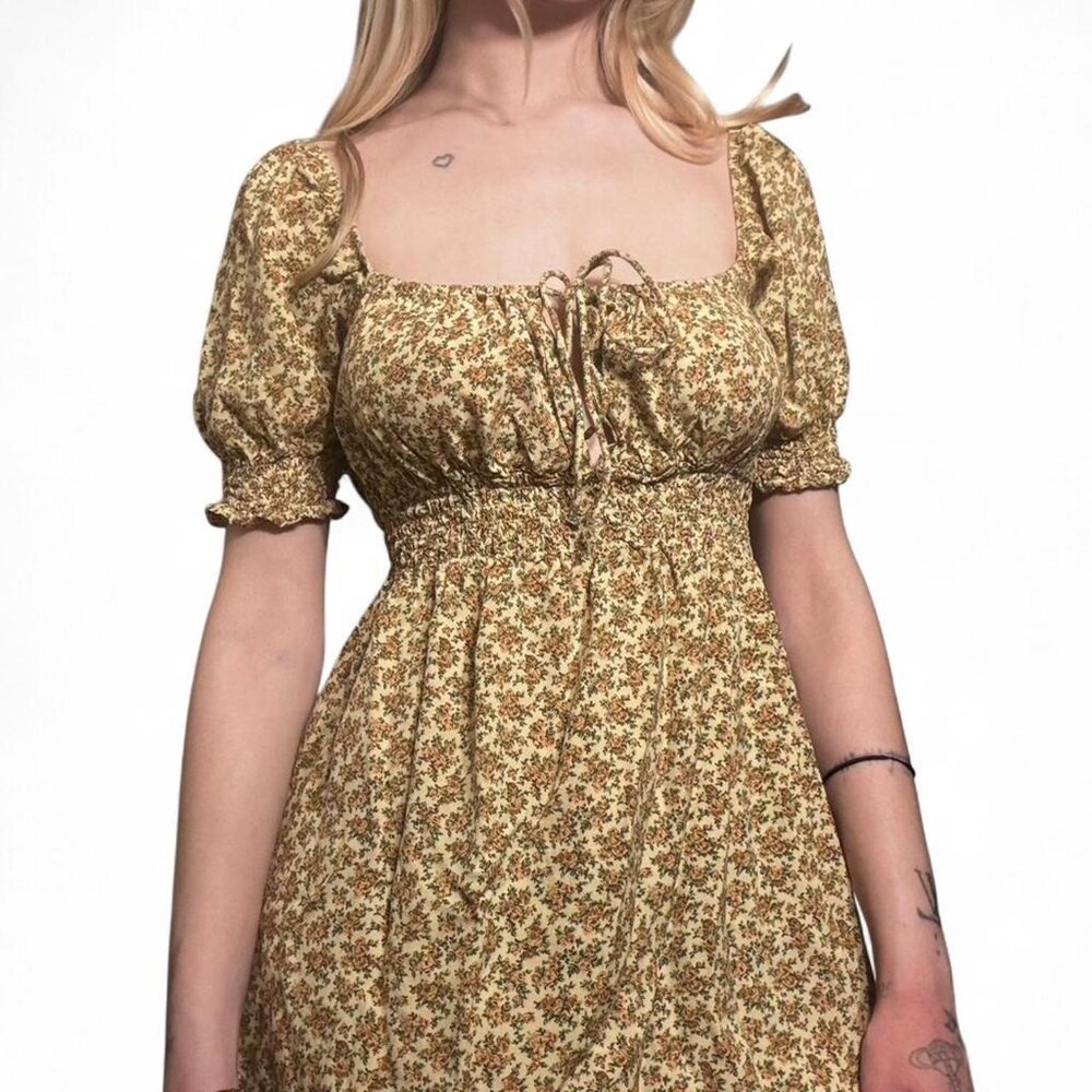 Motel Yellow Flower Floral Mini Dress Vintage 70s Feel